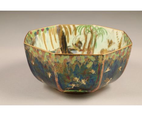 Wedgwood fairyland lustre bowl, by Daisy Makeig-Jones octagonal form, decorated in the leap frogging elves pattern to exterio