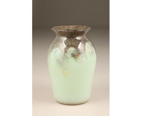 Scottish Vasart glass vase, baluster form, light green, black rim and neck, blue and yellow swirls, 19cm high.CONDITION REPOR