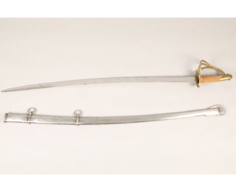 Officers sword with scabbard, brass open guard with leather grip.  Curved blade with no engravings or marks.  Blade length 84