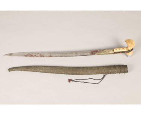 19th century Ottoman sword, heavy bone handle with decorative white metal set with pink coral, steel blade, 58cm long with en