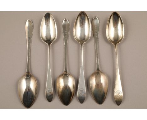 Set of six Scottish George III silver table spoons, assay marked Edinburgh 1792, William Auld, engraved coat of arms, weight 