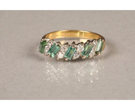 18 carat gold diamond and gemstones ring, five baguette cut gemstones interspersed between pairs of old cut diamonds. Ring si