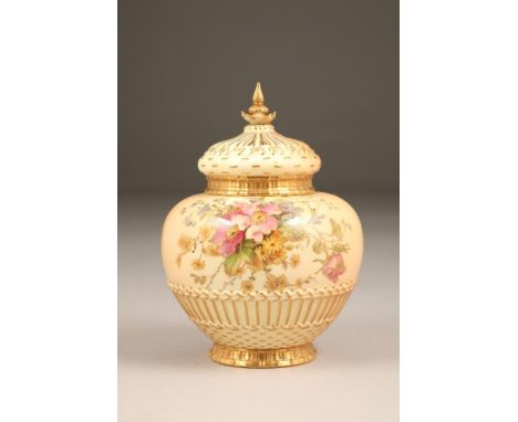 Royal Worcester blush ware pot pourri lidded jar with pierced cover, decorated with hand painted wild flowers. Model No 1286,