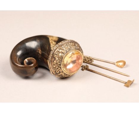 Scottish yellow metal (unmarked) mounted horn snuff mull, the hinged cover set with a large citrine within yellow metal flora