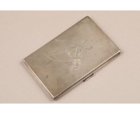 Silver cigarette case, engine turned decoration with engraved horse portrait to cover.  Assay marked Birmingham 1938, weight 