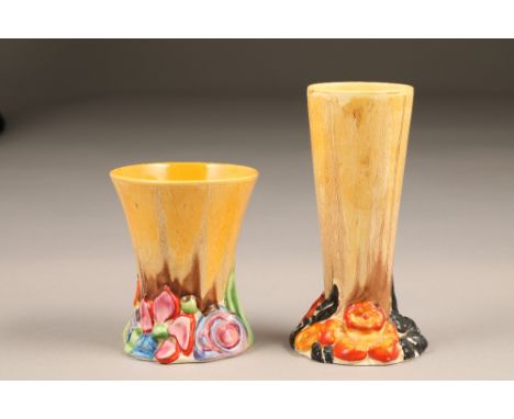 Two hand painted Clarice Cliff Bizarre vases, in the 'My Garden' pattern, (i) 10cm high (ii) 15cm high.CONDITION REPORT:Both 