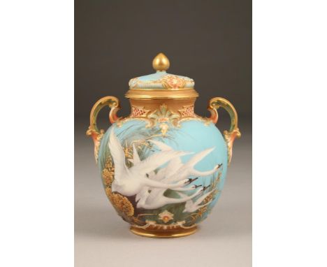Very fine Royal Worcester porcelain vase and cover, by Charles Baldwyn, baluster form, with gilt acanthus leaf handles, a sky