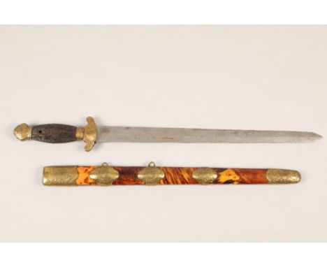 19th century Chinese Jian short sword, gilt metal pommel and hilt along with ornate mounts to the tortoiseshell scabbard, bla