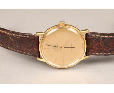 Gents 9 carat gold Omega Seamaster automatic wrist watch, dial with hour markers and sweeping seconds hand on worn leather Om