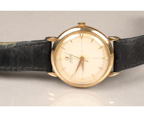 Gents Omega automatic 9 carat gold wrist watch, champagne dial with baton hour markers, seconds hand, dial 30mm diameter with