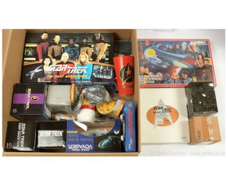 Quantity of Star Trek related collectables Applause Darmok miniature, figural mug, Wesco Talking Alarm Clock, board games, ji