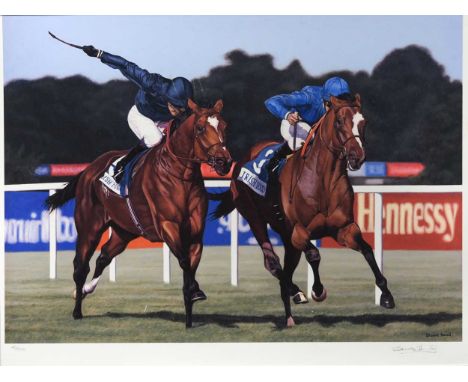 A limited edition print of Frankie Dettori racing by Stuart Herod, 
signed lower right and marked 45/500 lower left;41.5 x 55