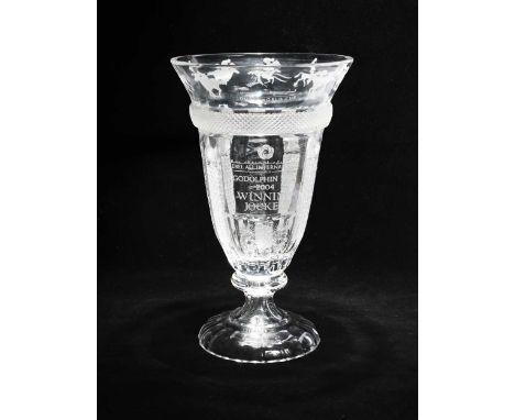 A Godolphin Mile Winning Jockey cut glass trophy cup, awarded to Frankie Dettori, 
the top rim engraved with horseheads and '