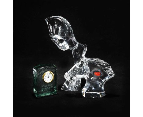 A Baccarat glass horsehead,  with flowing main and marked to the side11.5cm high;together with another Baccarat leaping horse