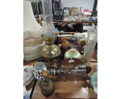 A selection of ceramics including Maling lustre ware and oil lamp