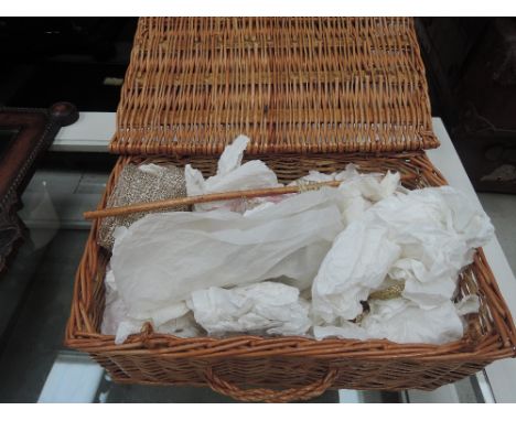 A vintage picnic basket and quantity of Christmas decorations