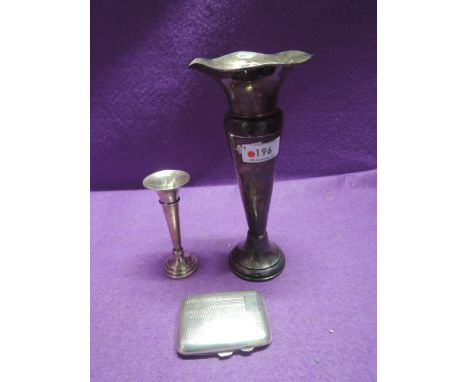 Three pieces of HM silver including a stem vase of trumpet form, a similar smaller one and a 1920's cigarette case having str