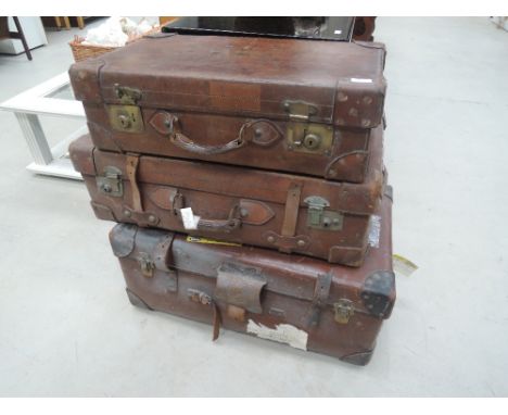 Three antique/vintage leather suitcases/travel trunks