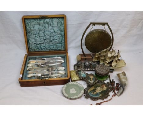 Mixed Lot of Collectables including Horn Boat, Brass Gong and Striker, Cruet Set, Wooden Cased Fish Knife and Fork Set, Three
