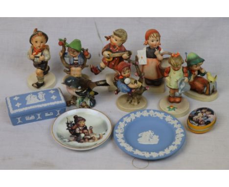 Seven Goebel Hummel Figures, Small Hummel Tin and Plate, Beswick Chaffinch 991, Wedgwood Jasperware Box and Small Plate