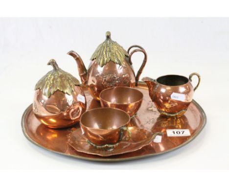 Vintage Japanese Copper & Brass Teaset with tray with Floral decoration & naturalistic designs, most with Character marks to 