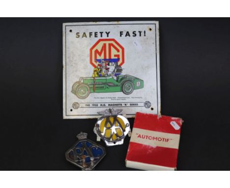 Automobile ephemera to include Safety Fast MG enamel advertising sign, MG owner's club badge together with an RAC and AA badg