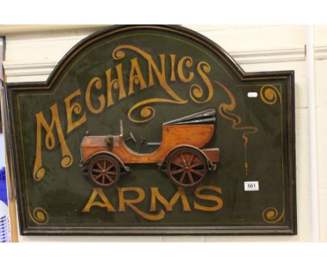 Wooden Replica Advertising Sign ' Mechanics Arms ' with a Relief Vintage Car