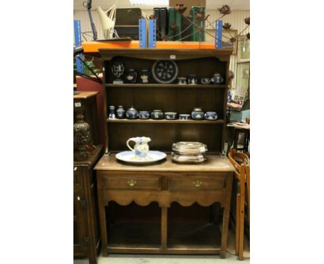 Small 18th century Style Oak Dresser, the shelved back above Two Drawers, Shaped Apron and Pot Shelf Below, approx 170cms hig