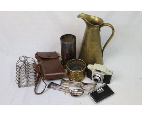 Mixed Lot including Joseph Sankey Brass Jug, Vintage Cased Kodak Camera, Two other Cameras, Silver Plated Toast Rack, Silver 
