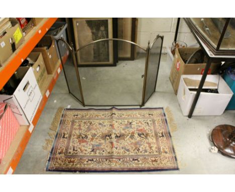 Folding Metal Mesh Firescreen and a Small Rug