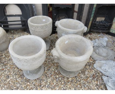 Two Pairs of Reconstituted Stone Garden Urn Planters - Mayan Style decorated with Aztec Design and Stag and Tropical Bird Des