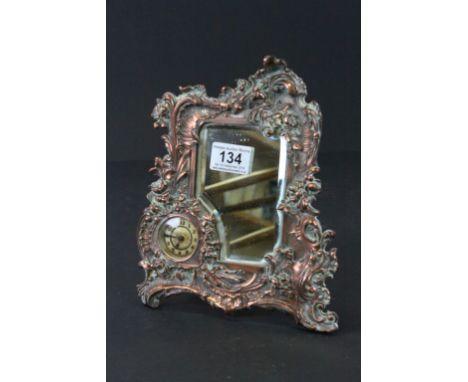 Vintage Ornate Easel Style Copper Framed Mirror with Bevelled Glass and Inlaid Clock to bottom left