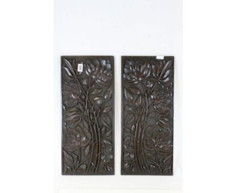 Two Vintage Oriental Carved Hardwood Plaques of Peonies, etc