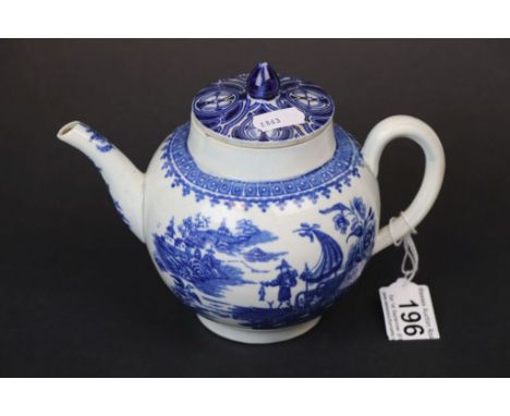 A Worcester blue and white printed teapot depicting oriental scene, missing original lid, firing cracks, hairline fractures t