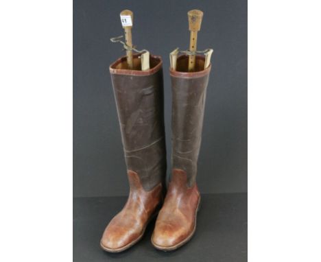 Pair of Vintage Brown Leather Boots with Studs to Soles made by J C Cording & Co Ltd with Wooden Trees