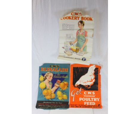 Three original Vintage Shop Display Promotional Advertising Posters ' C.W.S Cookery Book ' 28.5" x 19", ' Get C.W.S Pioneer P