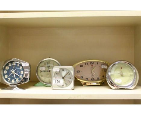 Five Vintage Mechanical Alarm Clocks to include Gift Company, Smiths Alarm, Five Rams, Diamond Brand