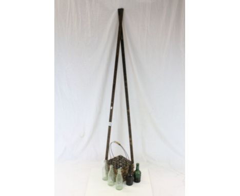 Vintage Long Folding 10'  Wooden Rule together with a Bottle Basket with Five Glass Bottles