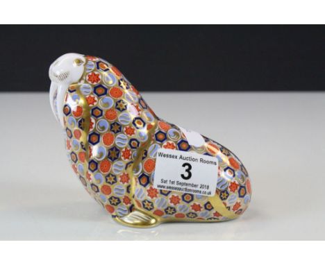 Royal Crown Derby ceramic Paperweight model of a Walrus with Gold stopper