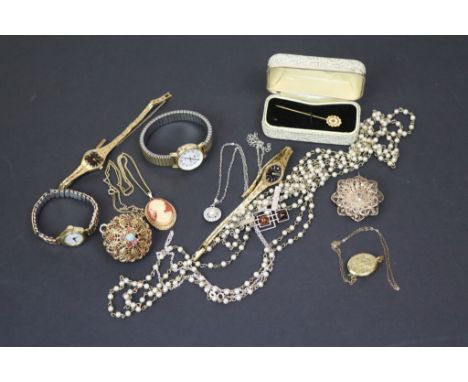 Small quantity of costume jewellery and vintage wristwatches to include an amber silver pendant necklace, filigree flower sha