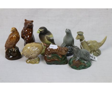 Six Beswick Beneagles Ceramic Whiskey Decanters including Haggis, Loch Ness Monster (full), Eagle, Seal, Otter and Badger plu