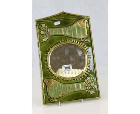 Mid 20th century Scandinavian Ceramic Mirror decorated with stylised bird in the style of Gustavberg