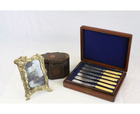 Wooden Cased Fish Knives and Fork Set, Art Nouveau Style Brass Photo Frame and an Inlaid 19th century Wooden Tea Caddy for re