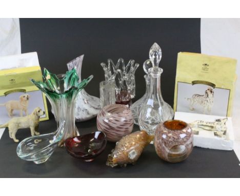 Five pieces of Studio Glass plus Box of Glassware including Crystal Ships Decanter, Two Boxed Leonardo Collection of Dogs, th