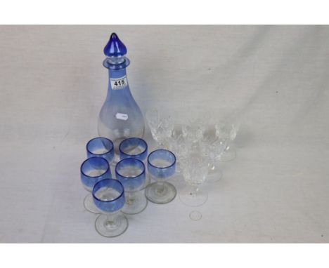 19th century Blue Tinted Glass Decanter and Six Glasses together with Six Cut Glass Small Wine Glasses