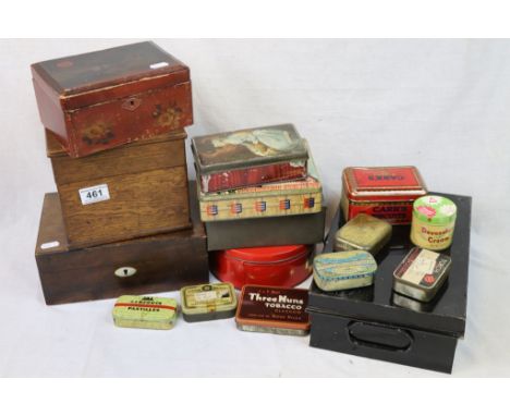 Collection of Vintage Advertising Tins including Huntley & Palmers Dundee Cake together with Lacquered Box and Two Wooden Box