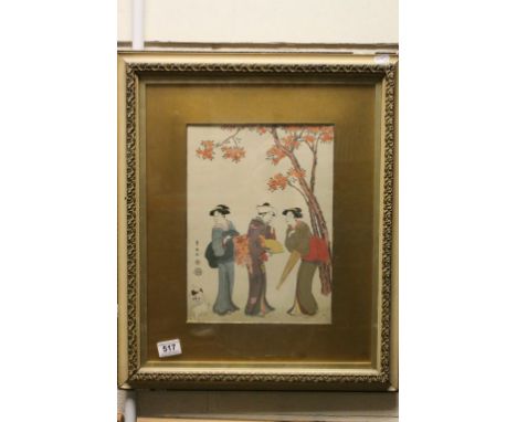 Toyokuni. Framed Signed Woodcut Portrait of Three Geishas standing beside Blossom Tree