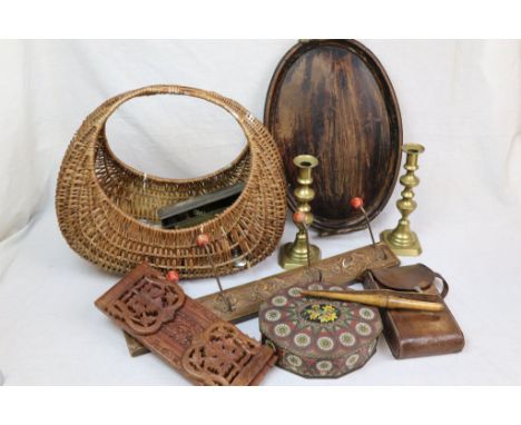 Good Collection of Mixed Items including Carved Wooden Bookslide, Coat Hooks, Oval Tray, Advertising Tins, Wicker Basket, Bin