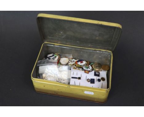 Tin of Mixed Vintage Enamel Badges, Inserts, Stick Pins, etc