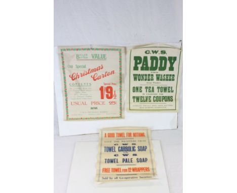 Three original  C.W.S Vintage Shop Display Promotional Advertising Posters ' Free Towel for 12 Soap Wrappers ' 20" x 15", ' O